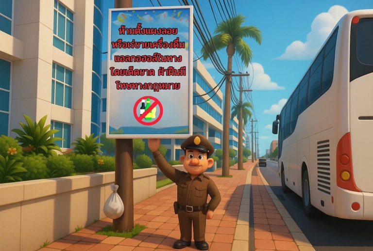 ประชาสัมพันธ์ ห้ามตั้งแผงลอย หรือเร่ขายเครื่องดื่มแอลกอฮอล์​